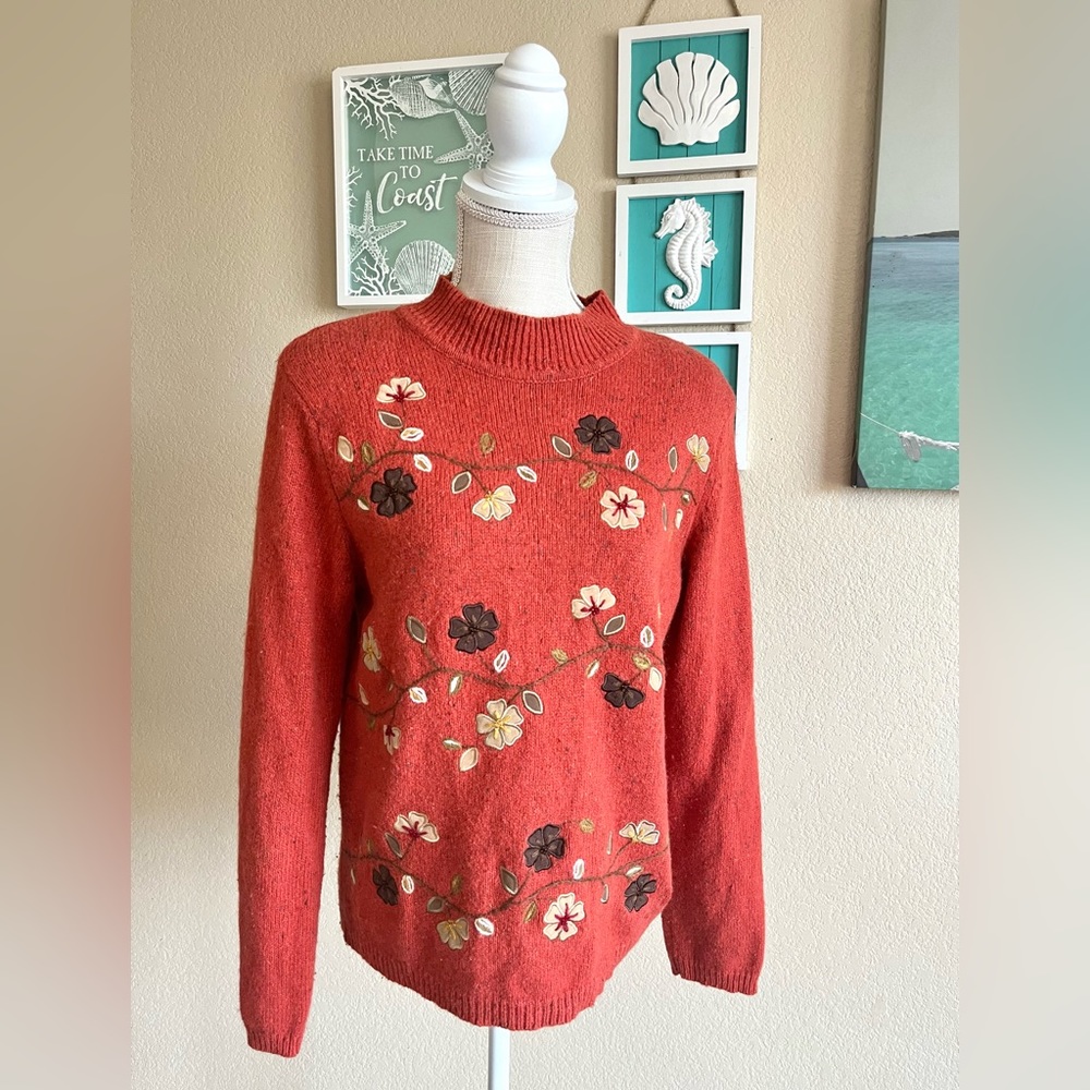 ALFRED DUNNER VINTAGE EMBROIDERED FLOWER BEADED AUTUMN SWEATER WOOL BLEND SZ PM